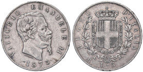 SAVOIA - Vittorio Emanuele II Re d'Italia (1861-1878) - 5 Lire 1875 R Pag. manca; Mont. 187 R AG R piccola Colpetti

Status: BB

Notes: R piccola ...