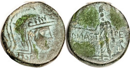 AMASTRIS, Æ28, c. 85-65 BC, Athena head r/Perseus stg hldg severed head of Medusa whose body spurts blood at his feet; VF/F-VF, centered, dark olive p...