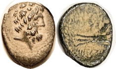 ARADOS, 2nd cent BC, Æ15x18, Zeus head r/Galley prow, S6001, VF-EF/F-VF, sl off-ctr on oval flan, dark patina with pale earthen hilighting, rev somewh...