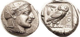 ATHENS, Tet, c.455-449 BC, Transitional type, Athena hd r/Owl stg r, S2521; Choice EF/AEF, good centering & strike, Athena's hair waves sharp; nice me...
