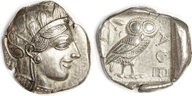 ATHENS, Tet, 449-413 BC, Athena head r/Owl stg r, S2526, Choice EF, sl irregular flan, rev a bit off-ctr but complete, good bright metal, excellent hi...