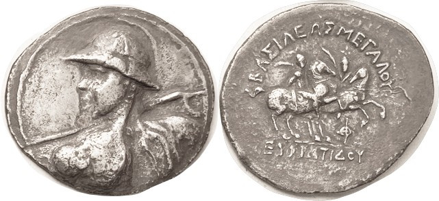 BAKTRIA, Eukratides I, 171-135 BC, Tet, Heroic bust left in helmet, thrusting sp...