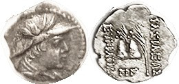 BAKTRIA, Eukratides I, 171-135 BC, Obol, Helmeted bust r/caps of Dioscuri, PI-Gamma below (much scarcer variant); AEF/VF, sl chippy or irregular edge,...