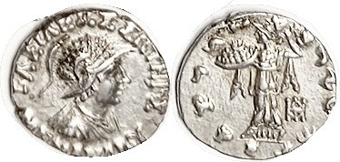 BAKTRIA, As last but helmeted bust r, EF, centered, sl lgnd crowding, well struc...