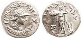 BAKTRIA, Menander, 160-145 BC, Tet., Helmeted bust r/Athena stg l betw monograms; EF, well centered & struck, strong detail on bust & Athena; small ar...