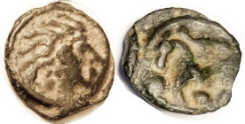 CELTIC, GAUL, Senones, 1st cent BC, Cast 19 mm, head r with "wild hair"/horse l, pellets; VF/F, rev sl off-ctr, smooth dark patina with sandy hilighti...