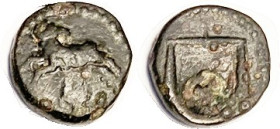 EGYPT, Pharaoh Nektanebo II, 361-343 BC, Æ14, Leaping ram/scales; F, dark patina, a little crude, rev sl off-ctr & with c/mk of Helmeted head r in cir...