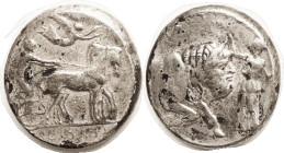 GELA, Tet, Chariot/Nike crowning man-headed bull, COPY!, in silver, VF, quite nicely made.