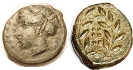 HIMERA, Æ16, 420-408 BC, Nymph Head l, 6 pellets/6 pellets in wreath, S-1110; F+/VF+, rev sl off-ctr, dark green obv, rev browner. (An F-VF/VF+ brough...