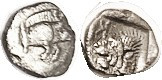 KYZIKOS Tartemorion (.29 g, 7 mm), 450-400 BC, Boar forepart rt, tunny behind/Lion hd l, reverted K above, F-VF, rev sl off-ctr, decent metal, clear f...