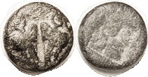 LESBOS, 1/12 Stater or Diobol, 1.07 gram, 9 mm, c.500-450 BC, 2 boar heads face-to-face/incuse square, F+, centered, dark patina with some hilighting,...