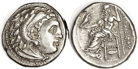 MACEDON, Alexander the Great, 336-323 BC, Drachm, Kolophon, Herakles head r/Zeus std l, barley grain under seat, P1751; EF, obv well centered, rev nrl...