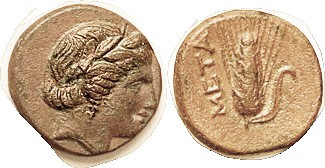 METAPONTUM, Æ14, c.300-250 BC, Demeter head r/ grain ear, HN Italy 1695; AEF/AVF...