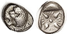 MILETOS, 1/12 Stater, 6th cent BC, Lion head left/star pattern in square, S3532 (£65); VF, centered on sl elongated flan, lion's snout crowded but leg...