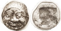 NEAPOLIS (Macedon), Obol (.89 g, 8+ mm), c.500-480 BC, Facing Gorgoneion/incuse square, VF, well centered, decent metal, face boldly clear. (Same styl...