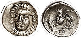 PHISTELIA, Obol, 325-275 BC, Nymph head facg 3/4 left/lion l., coiled snake below; EF/VF, centered, good metal with tone, strong clear face; unsually ...