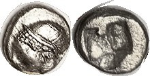 PHOKAIA, Diobol, c.521-478 BC, Archaic female head l./rough incuse square; VF, obv centered low crowding profile, but much detail on head; bright silv...