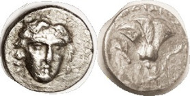 RHODES, Drachm, c. 200 BC, Helios head facg sl r/Rose, club & bowcase left, magistrate name partly off, but seems to be Stasion; VF+/VF, mildly rough ...