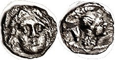 SELGE, Obol, 350-300 BC, Facing Gorgon head/Athena head r, knucklebone (V-shaped) behind; VF, centered, sl ragged edge, decent metal, moderately toned...