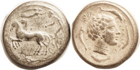 SYRACUSE, Tet, 440-430 BC, Chariot l./Artemis r, 4 dolphins, COPY!, struck in silver, VF, lt tone.