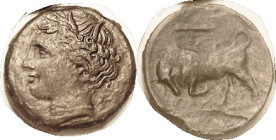 SYRACUSE, Æ20, Hieron II, 275-215 BC, Kore hd l./ bull butting l, club above; S1218; VF/F+, well centered, darkish brown, faintly rough, nice detail o...