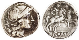 Den., Anonymous, 211-206 BC, Cr.53/2, Sy.229, Roma head r/ Dioscuri on horses r; F-VF, nrly centered, ltly toned. (A VF brought $325, Berk 6/04.)