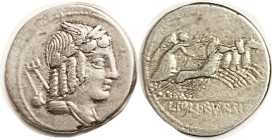 L. Julius Bursio, 85 BC, Den, Cr. 352/1a Sy.728;. Apollo head r/ Victory in quadriga r; Nice VF, obv just a bit off-ctr, rev centered, good bright met...