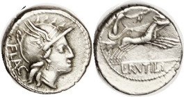 L. Rutilius Flaccus, 75 BC, Den, Cr.387/1, Sy.780, Roma head r/Victory in biga r; VF+/VF, obv well centered & struck, rev somewhat off-ctr, good brigh...