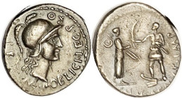 IMPERATORIAL. POMPEY, Den., by Cnaeus Pompey, in Spain; Roma head r/Hispania greeting Pompey; Sy.1035, Cr. 469/1a; AEF, nrly centered on large flan, r...