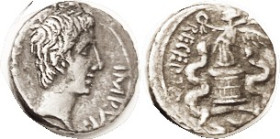 OCTAVIAN, Quinarius, Bare head r/ASIA RECEPTA, Victory atop cista mystica betw snakes; VF, sl off-ctr, teensy edge notch & sl metal fault at obv top e...