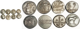 8 COPIES of rare Roman denarii, all from same work-shop, appear toned silver but probably are not, rather weird incorrect style: Lepidus, Ahenobarbus,...