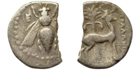 IONIA. Ephesos. Circa 202-150 BC. Drachm (silver, 3.02 g, 17 mm). E-Φ Bee. Rev. Stag standing right; palm tree in background, (magistrate) to right. N...
