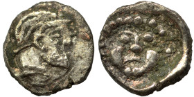 PISIDIA. Selge. Circa 350-300 BC. Obol (silver, 0.65 g, 9 mm). Facing gorgoneion. Rev. Helmeted head of Athena right. Very fine.