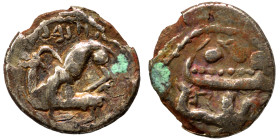 PHOENICIA. Byblos. 4th century BC. 1/16 Shekel (silver, 0.58 g, 10 mm). Two hoplites, holding shields, on galley left, prow ending in lion's head; bel...