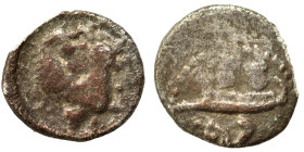 PHOENICIA. Byblos. 4th century BC. 1/16 Shekel (silver, 0.62 g, 9 mm). Two hoplites, holding shields, on galley left, prow ending in lion's head; belo...