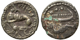 PHOENICIA. Byblos. 4th century BC. 1/16 Shekel (silver, 0.64 g, 9 mm). Two hoplites, holding shields, on galley left, prow ending in lion's head; belo...