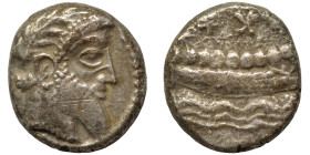 PHOENICIA. Arados. Uncertain king. Circa 4th century BC. 1/3 shekel (silver, 3.45 g, 13 mm). Laureate head of Ba'al-Arwad right. Rev. Galley right, ab...