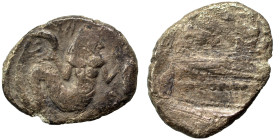PHOENICIA. Arados. Circa 400-380 BC. Tetrobol (silver, 2.18 g, 16 mm). Half-length bust of marine deity (Ba'al Arwad) facing, head right, fish in each...