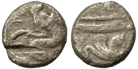 PHOENICIA. Arados. Circa 400-380 BC. Tetrobol (silver, 2.75 g, 13 mm). Half-length bust of marine deity (Ba'al Arwad) facing, head right, fish in each...
