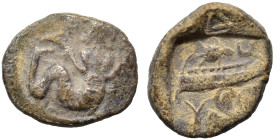 PHOENICIA. Arados. Circa 400-380 BC. Tetrobol (silver, 2.70 g, 15 mm). Half-length bust of marine deity (Ba'al Arwad) facing, head right, fish in each...
