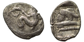 PHOENICIA. Arados. Circa 400-380 BC. Tetrobol (silver, 2.31 g, 16 mm). Half-length bust of marine deity (Ba'al Arwad) facing, head right, fish in each...