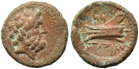 PHOENICIA. Arados. Circa 137-51 BC. Ae (bronze, 3.24 g, 15 mm). Laureate head of Zeus right. Rev. Prow left; Phoenician letters above, date below. HGC...