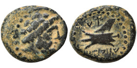 PHOENICIA. Arados. Circa 137-51 BC. Ae (bronze, 4.02 g, 16 mm). Laureate head of Zeus right. Rev. Prow left; Phoenician letters above, date below. HGC...
