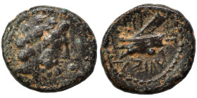 PHOENICIA. Arados. Circa 137-51 BC. Ae (bronze, 3.76 g, 16 mm). Laureate head of Zeus right. Rev. Prow left; Phoenician letters above, date below. HGC...