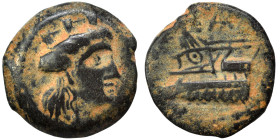 PHOENICIA. Arados. 241-167 BC. Ae (bronze, 3.22 g, 15 mm). Turreted head of Tyche right. Rev. Athena standing left on prow of galley, monogram above, ...