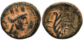 PHOENICIA. Arados, 2nd-1st century BC. Ae (bronze, 1.97 g, 12 mm). Turreted head of Tyche right, palm branch behind. Rev. Aphlaston, Phoenician letter...