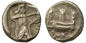 PHOENICIA. Sidon. Time of Ba'alšillem I-Ba'ana, circa 425-401 BC. 1/16 Shekel (silver, 0.59 g, 8 mm). The Persian Great King standing right, drawing b...