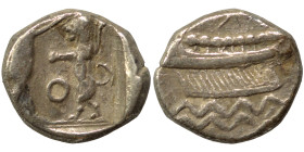 PHOENICIA. Sidon. Ba'alšillem II, circa 401-366 BC. 1/16 Shekel (silver, 0.77 g, 8 mm). Phoenician galley left, waves below. Rev. Persian king or hero...