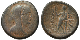 PHOENICIA. Marathos. 220-150 BC. Tetrachalkon (bronze, 9.84 g, 24 mm). Veiled female head (Berenike II?) to right. Rev. Marathos standing left, holdin...