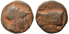 KINGS of MACEDON. Demetrios I Poliorketes, 306-283 BC. Ae (bronze, 3.91 g, 14 mm). Helmeted head of Athena right. Rev. Prow of galley to right, monogr...